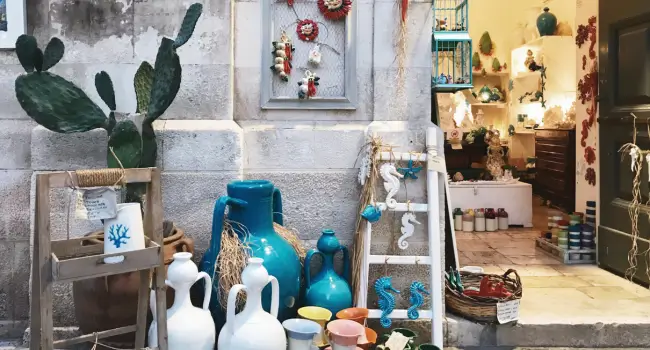 Seahorse decorations in a quaint Monopoli shop. The town is ideal for a seaside babymoon holiday.