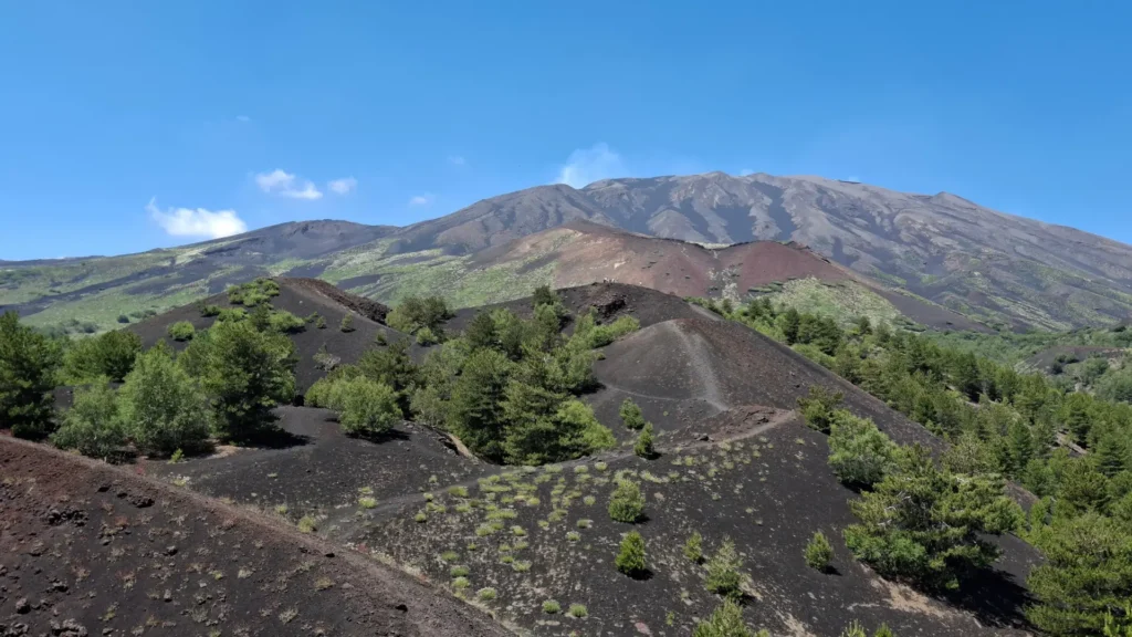 The black lava slopes and old craters of Mount Etna