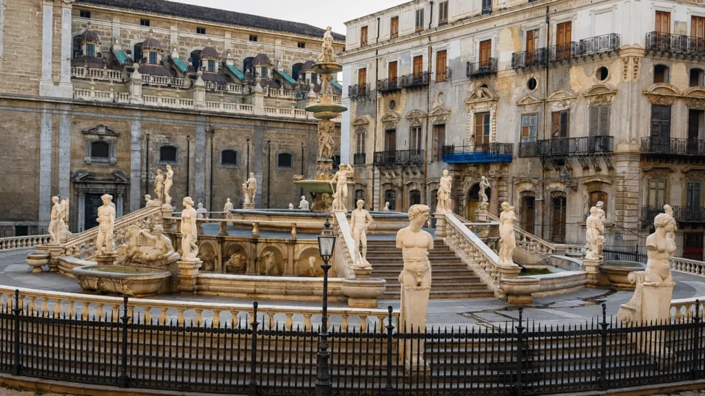 The Fontana Pretoria and its marble statues in Palermo