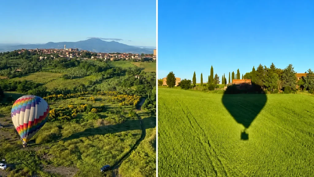 Private hot air balloon flight over the Val d'Orcia. A Tuscany family vacation experience near Pienza