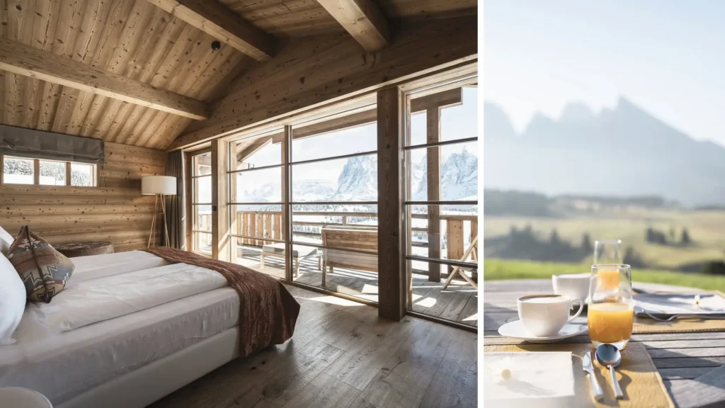 Luxury hotels in the Dolomites: A private mountain-view chalet at ADLER Lodge Alpe, a highlight of our luxury Italy trip planning services.