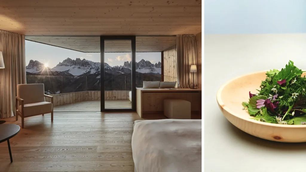 Luxury hotels in the Dolomites: A Forestis suite overlooking the snowy peaks, hand-selected for our 2026 Italy trip planning itineraries.