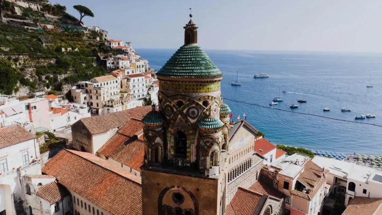 Secret Amalfi Coast summer holiday must-see: Aerial view of Amalfi Cathedral and coastline