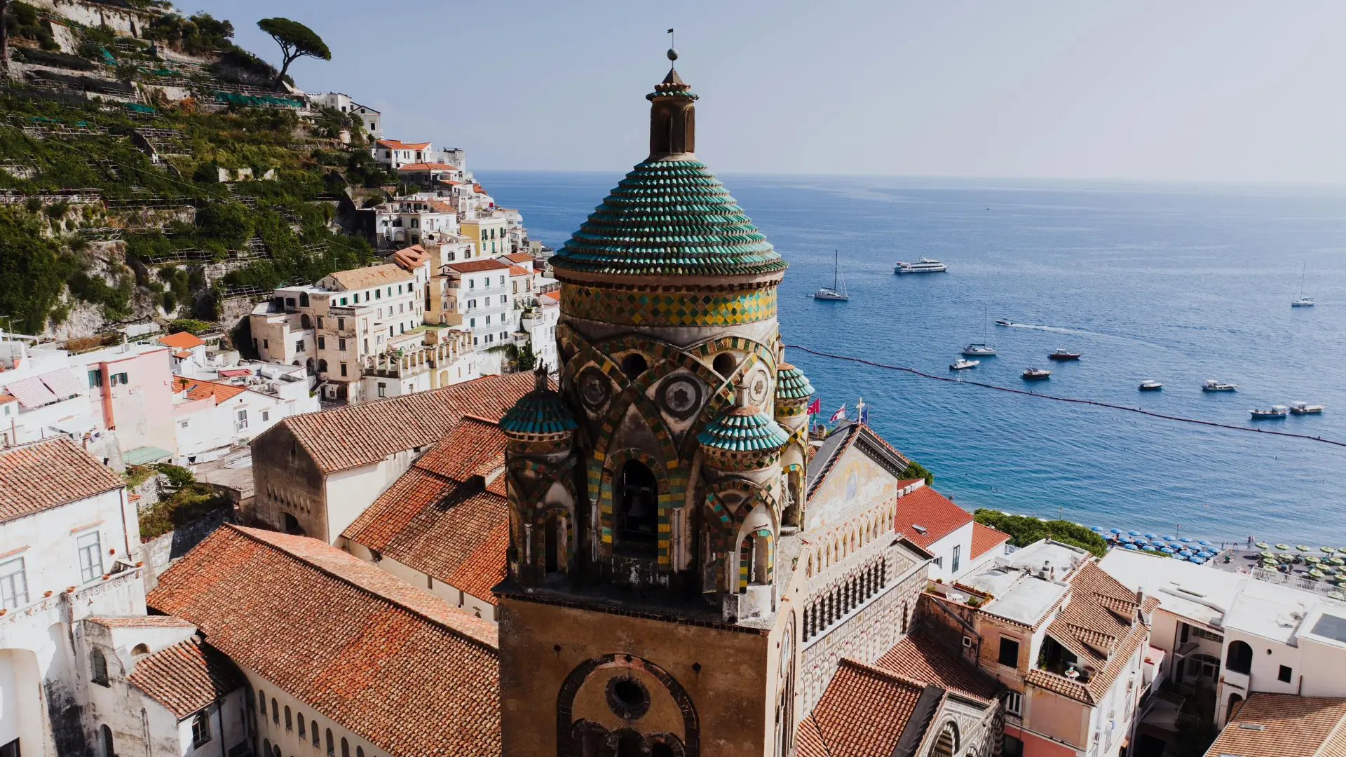 Secret Amalfi Coast summer holiday must-see: Aerial view of Amalfi Cathedral and coastline