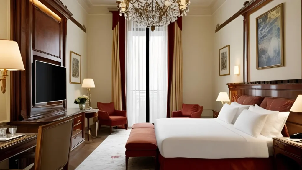 A luxury boutique hotel room in Italy with a king bed and elegant decor as seen in a villa vs hotel in Italy comparison.