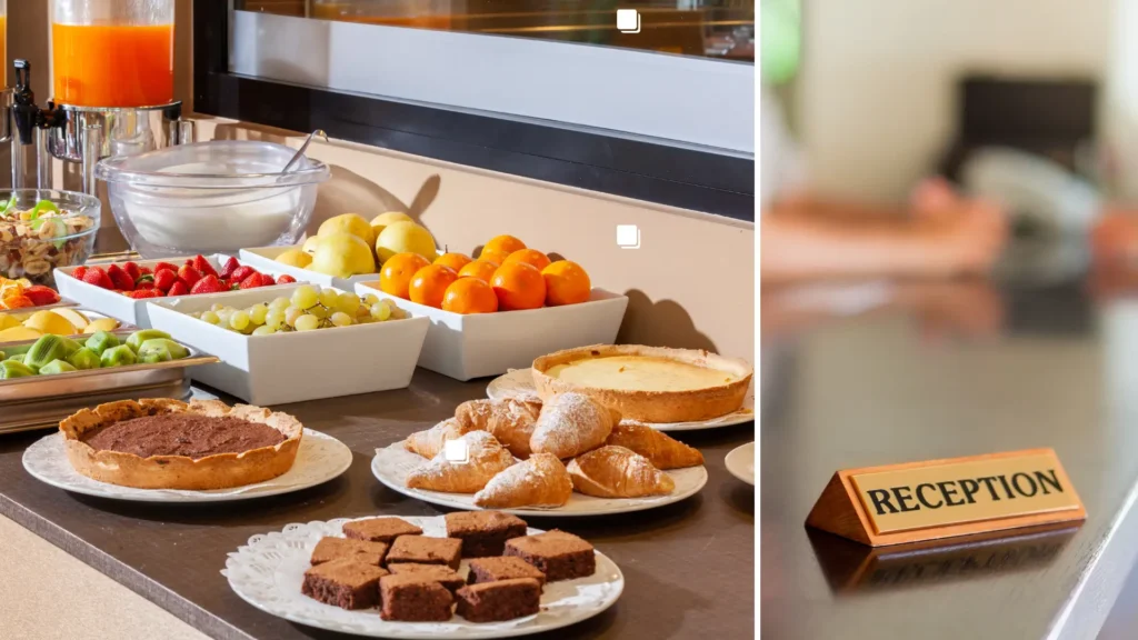 A gourmet breakfast buffet at a luxury hotel in Italy featuring fresh pastries and fruits as part of a villa vs hotel in Italy comparison.