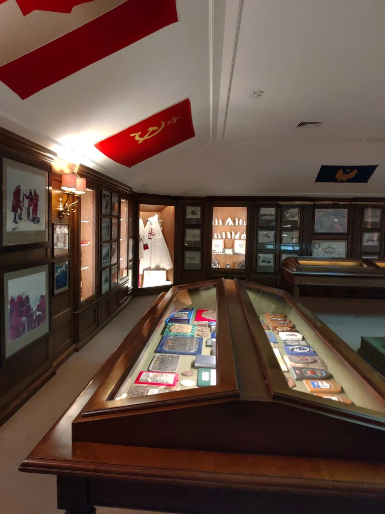 Villa del Balbianello, Lake Como, the expedition museum room with polar photographs, flags and medals