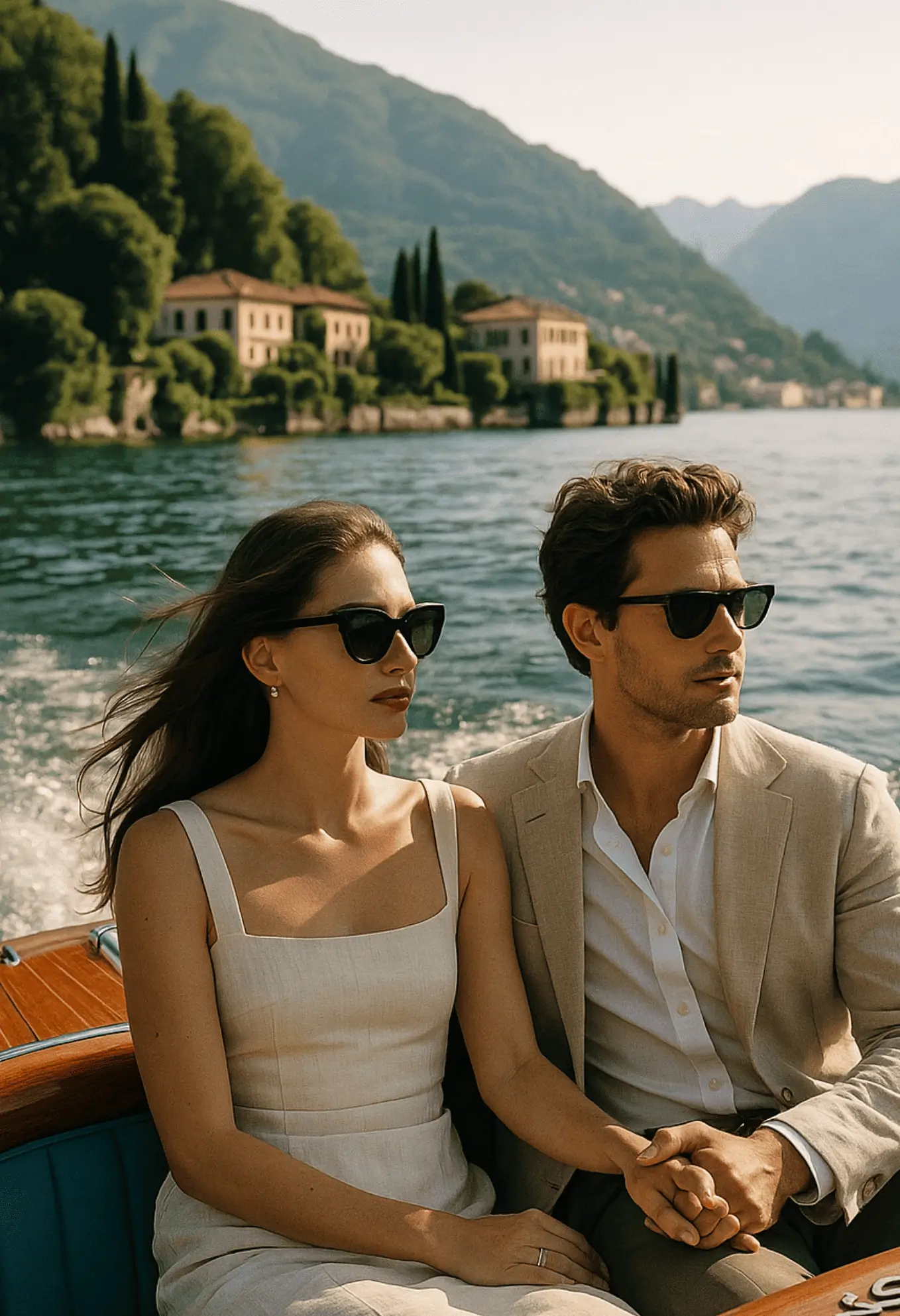 Luxury Italy Honeymoon Couple enjoying private wooden boat tour on Lake Como- book this luxury romantic experience