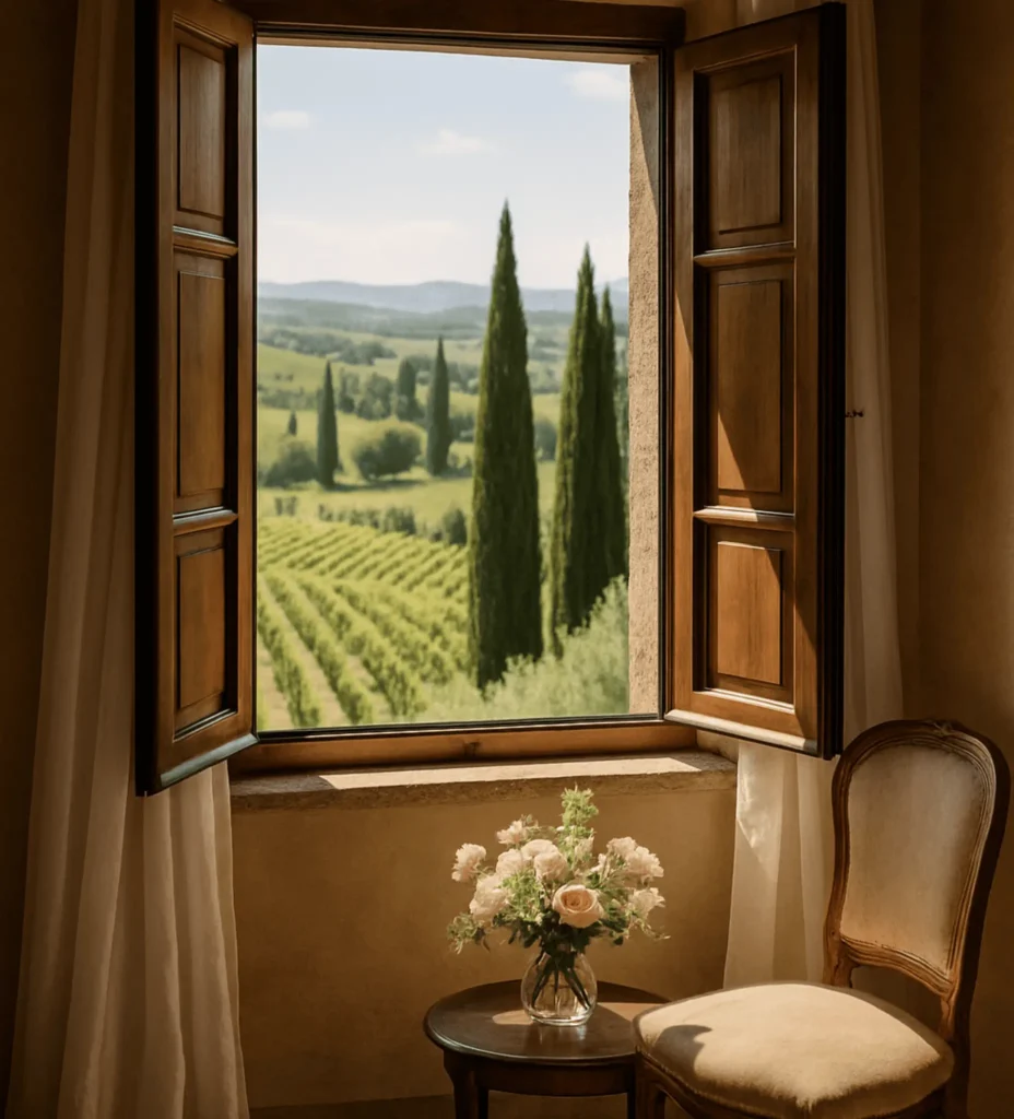 A luxury honeymoon suite in a Tuscan agriturismo, featuring an elegant interior and a panoramic open window view of the sun-drenched Val d'Orcia rolling hills and cypress trees.