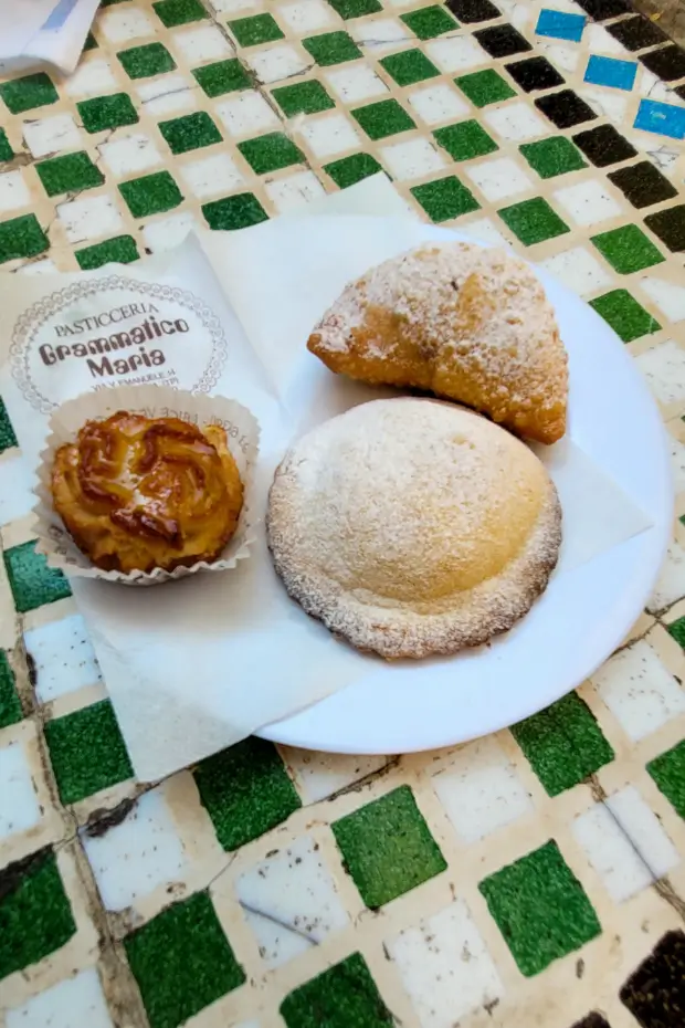 Plate of Sicilian pastries served at a pasticceria in Erice.