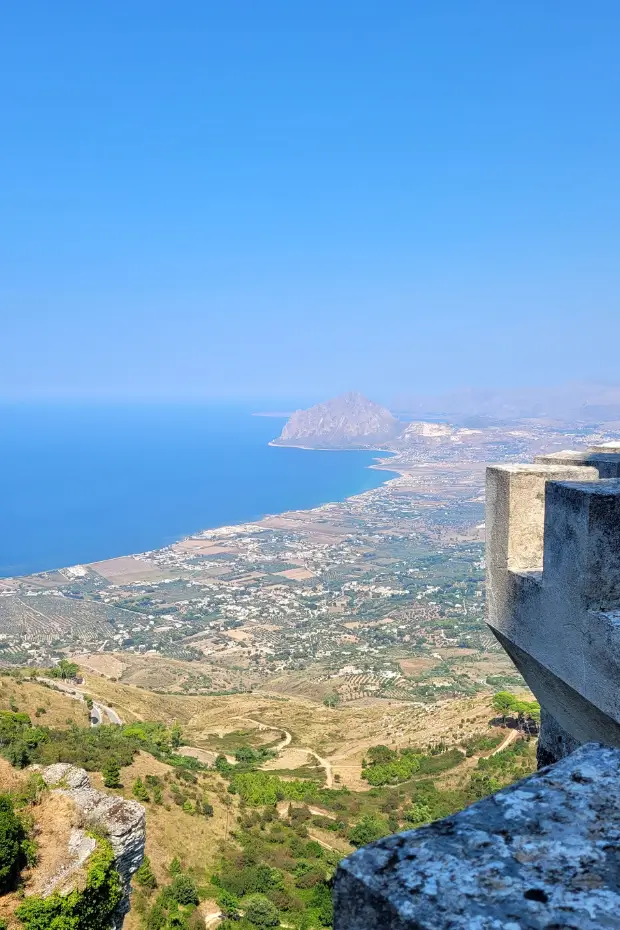 Panoramic coastal view from Erice in Sicily, overlooking the Mediterranean Sea.
