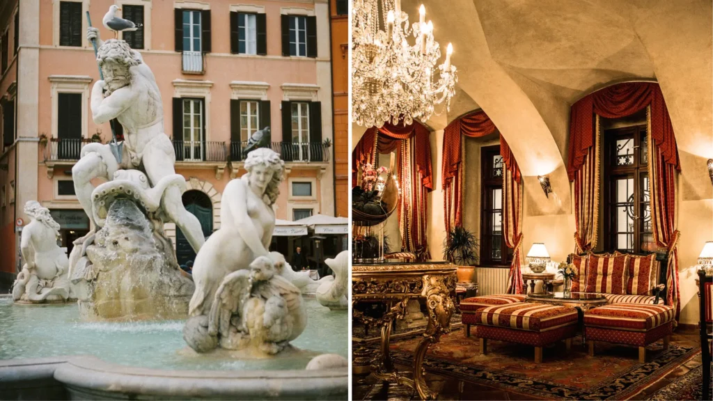 Baroque fountain in Rome and elegant Florentine palazzo interior, luxury honeymoon Italy