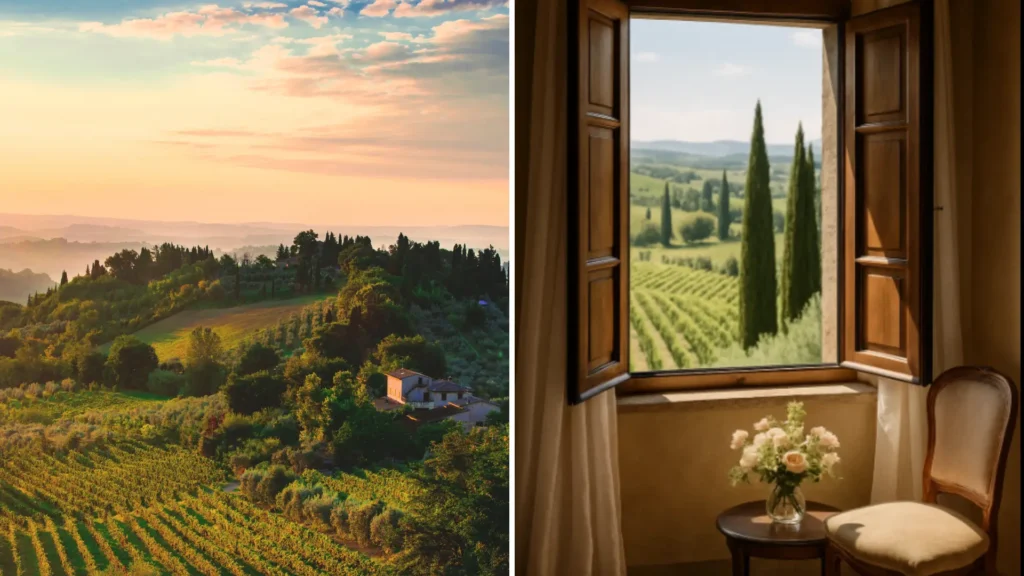 luxury honeymoon Italy, rolling vineyards in Tuscany countryside, 