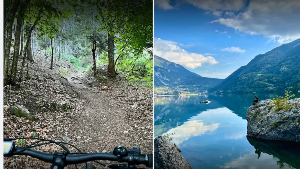 Italy Dolomites family holiday - mountain bike trail through forest and Lake Molveno reflection Trentino Brenta Dolomites