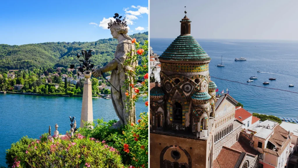 Elegant Italian scenery with Lake Garda gardens and Amalfi Coast architecture, where to plan an Italy honeymoon.
