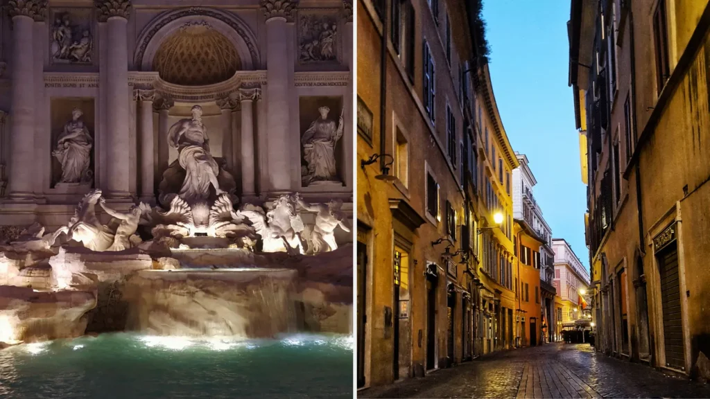 Trevi Fountain and quiet Roman street at dawn, showing the elegance of early morning travel in Italy