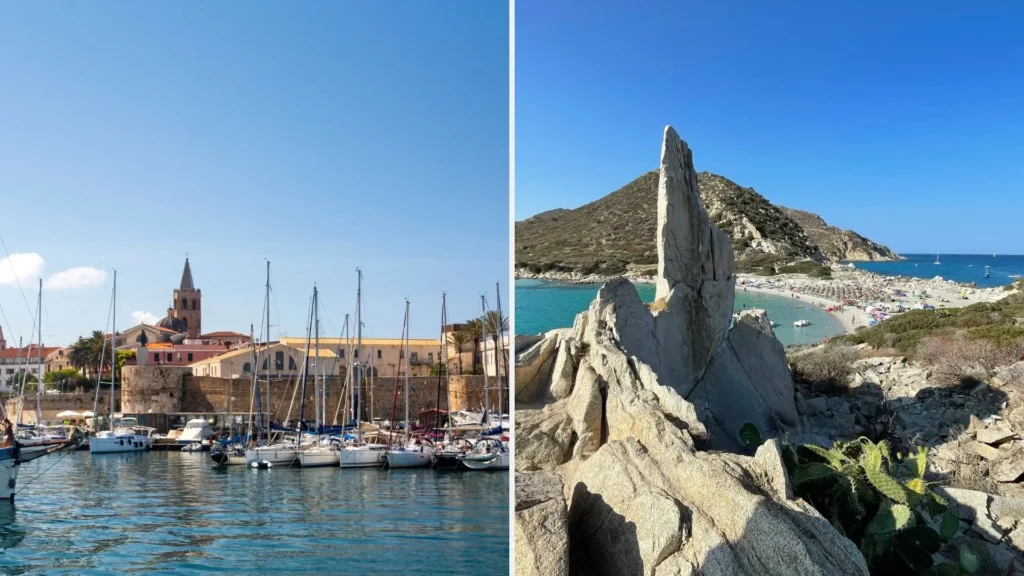 Sailboats in a Sardinian marina and scenic beach coastline for luxury summer holiday