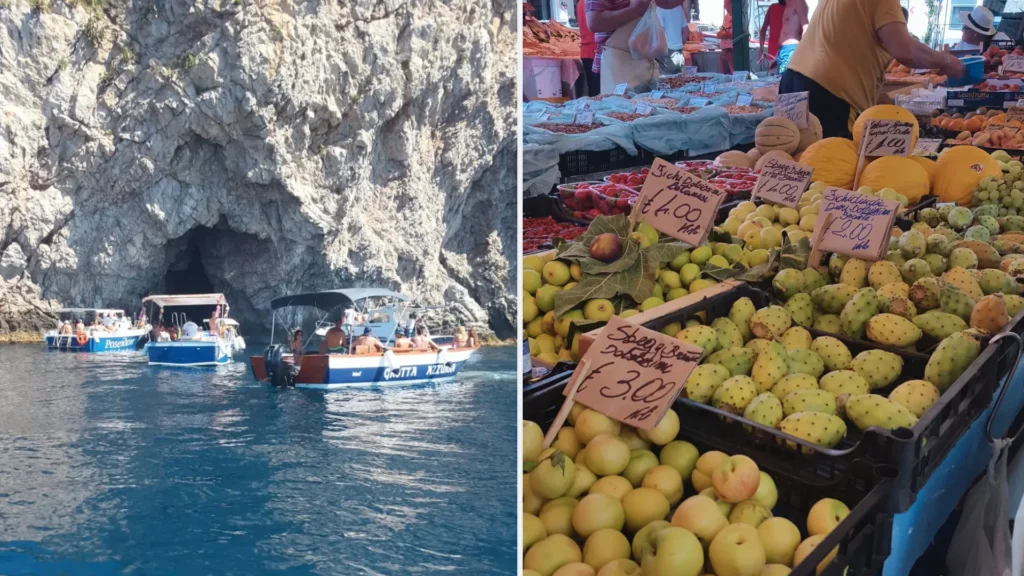 Small boats anchored near a sea cave on Sicily’s east coast and fresh produce stalls at a local market in Catania | Luxury Sicily Holiday