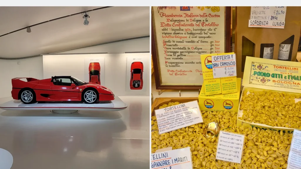 Slow travel Italy itinerary featuring an exclusive view of a Ferrari F50 alongside a private Bologna pasta-making class display.