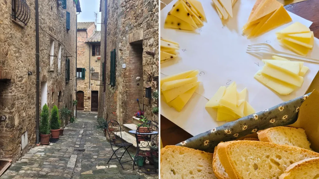 Slow travel Italy itinerary featuring a quiet stone alley in Castiglione d’Orcia alongside a private numbered pecorino cheese tasting in Pienza.