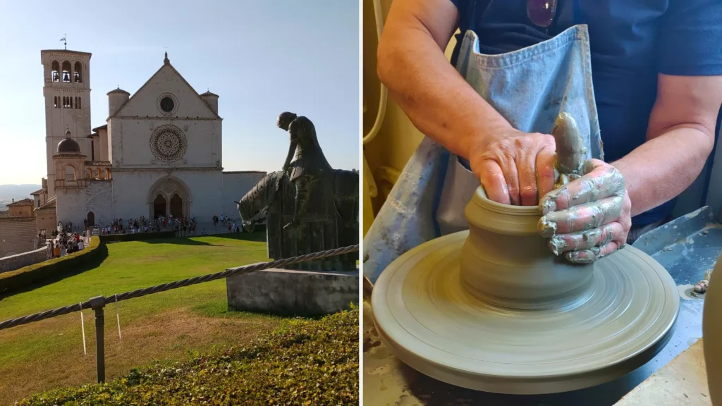 Slow travel Italy itinerary featuring the Basilica of Saint Francis in Assisi alongside a private hands-on pottery workshop in an Deruta artisan studio.