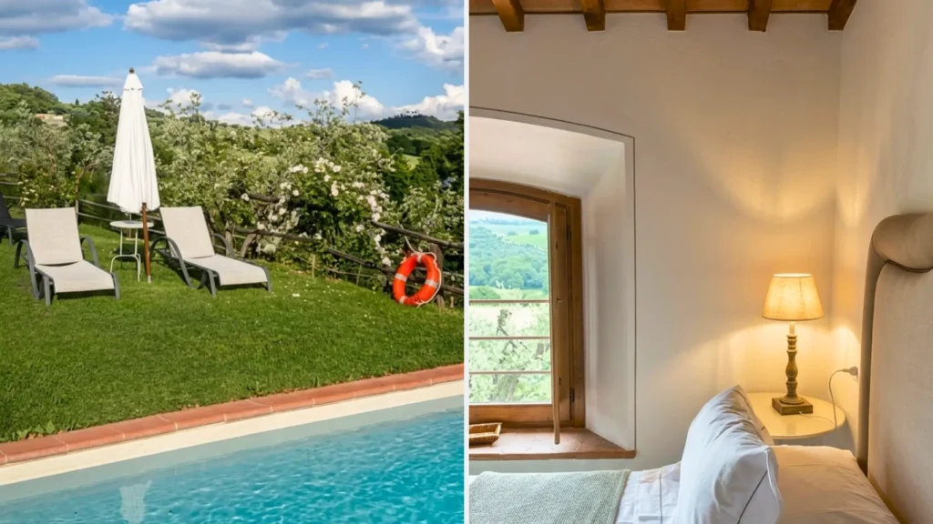 Luxury Val d'Orcia estate bedroom with exposed wooden ceiling beams, white linen bedding and an arched window overlooking Tuscan countryside