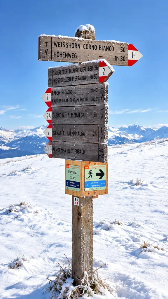 Dolomites winter family activities for non-skiers, high-altitude trail signs in the snow