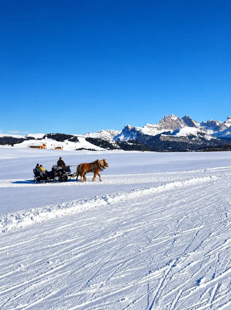 Dolomites winter family activities for non-skiers, a horse-drawn sleigh in the snow