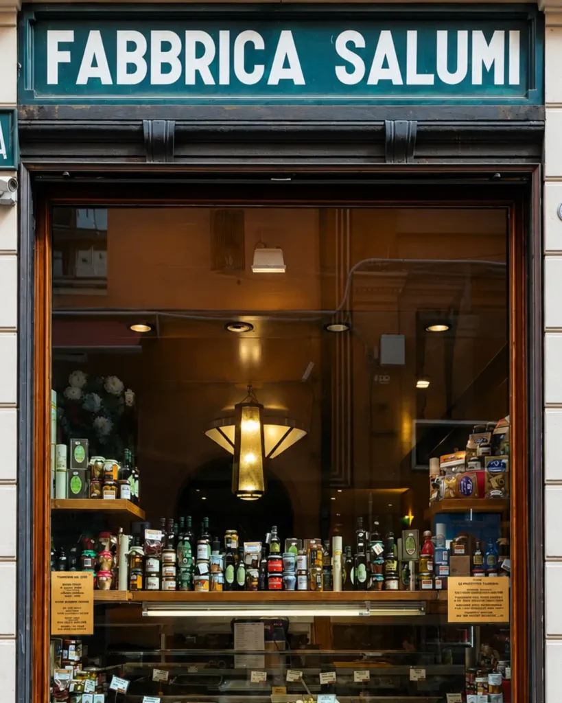 A traditional salumi shop window in the centre of Bologna, cured meats and specialities displayed behind the glass