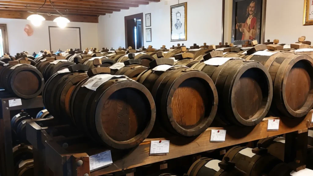 Rows of ageing barrels in a traditional balsamic vinegar acetaia in Modena, Emilia-Romagna